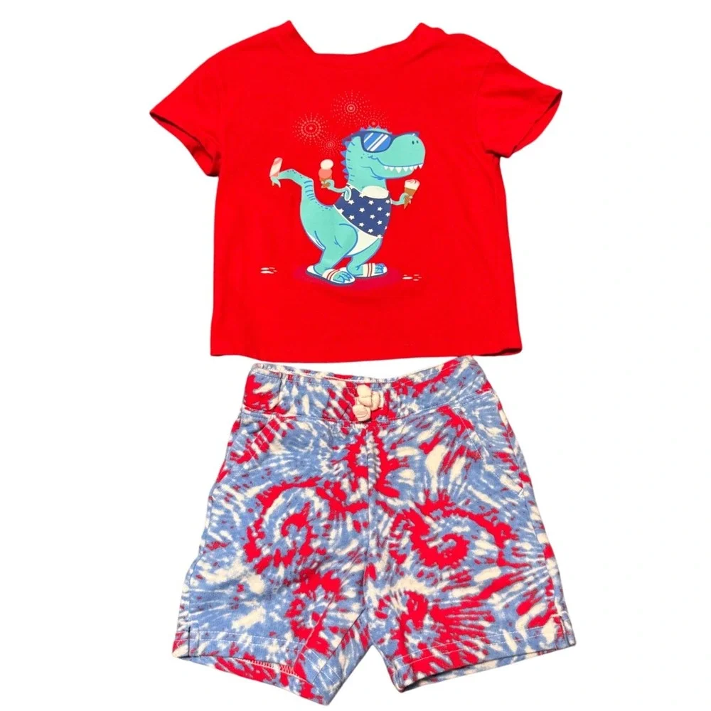 Cat & Jack Toddler Boys 2T Red Dinosaur Shirt and Tie Dye Shorts Set 2pc